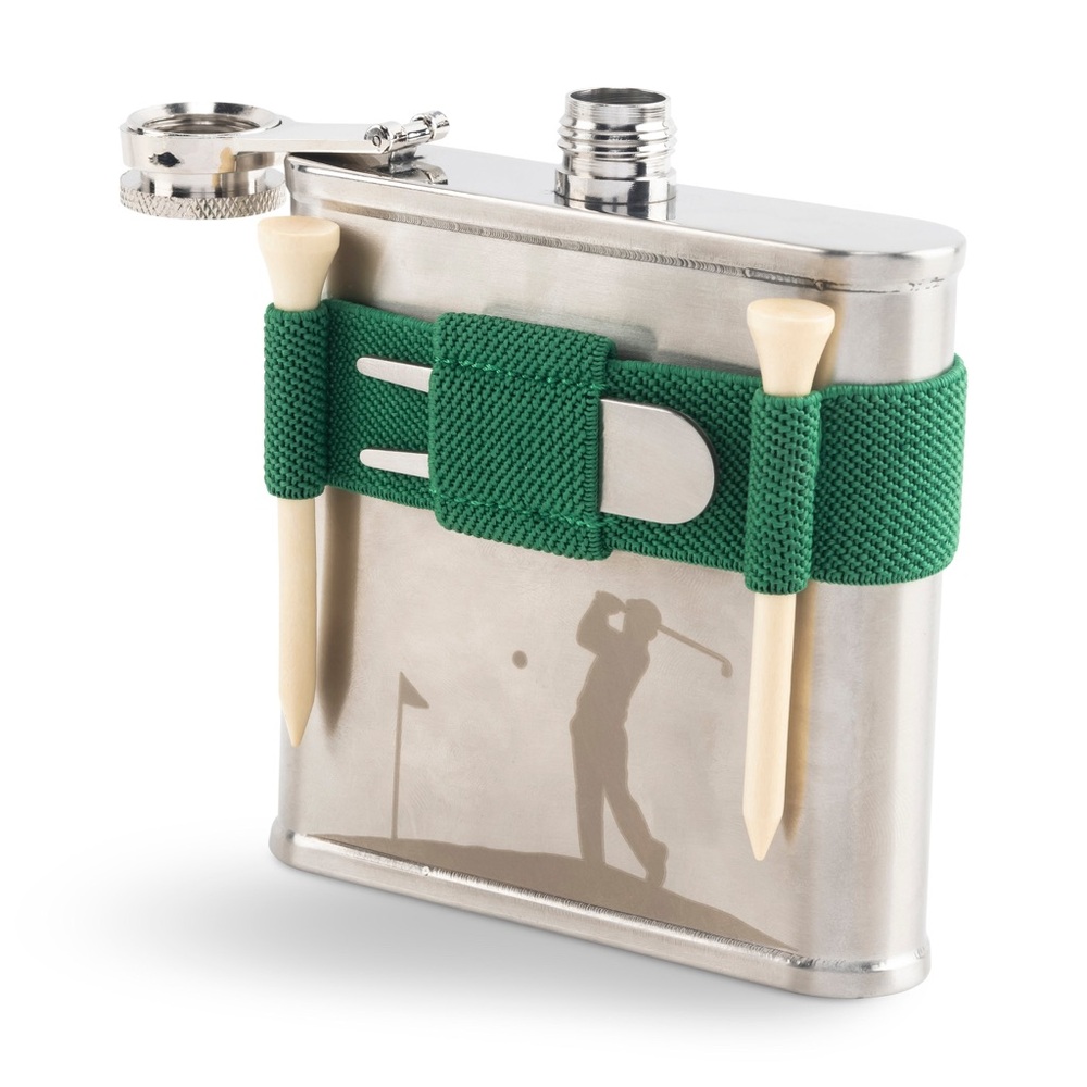 Kikkerland SS golf flask includes divot tool & w 2 golf tees-6oz-NIB